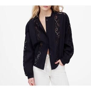 Madewell Women's Lace-Inset Pintucked Button Up Black Top Eyelet XXS New